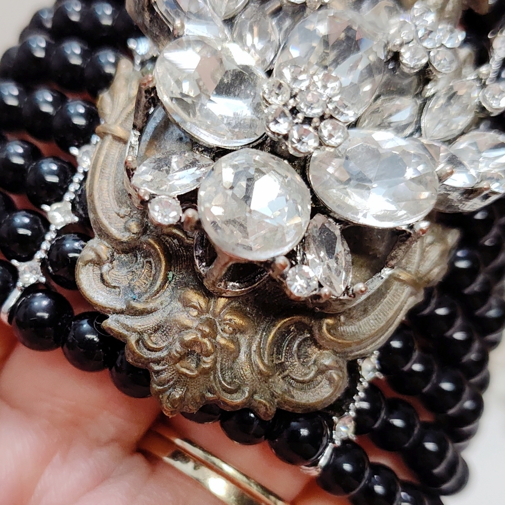 Upcycled Hand Crafted Extra Wide Black Bead Rhinestone Brass Cherub Bracelet - Picture 3 of 13